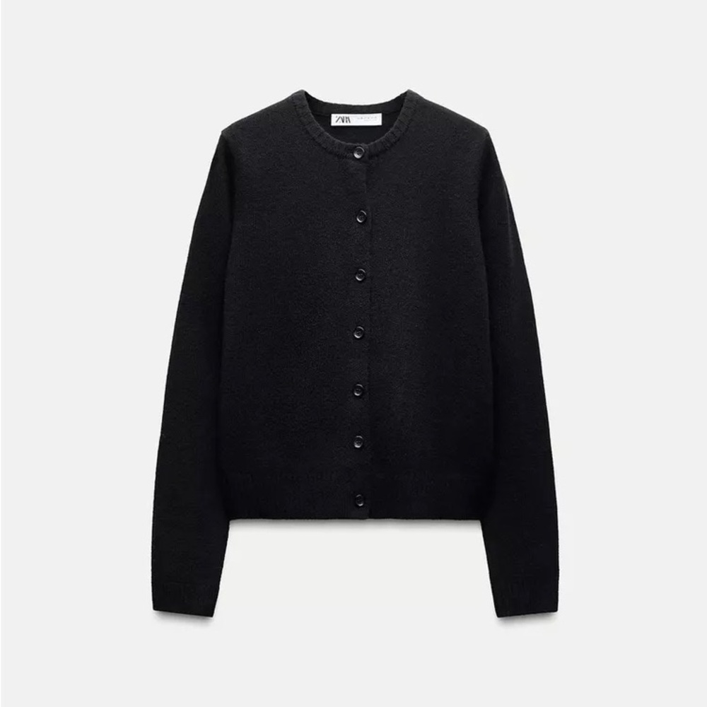 Zara 100% Wool Crew Neck Cardigan, Black, S